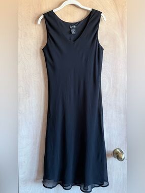 Vintage Simply Silk Black Slip Dress Midi Sleeveless V-Neck Women’s M Elegant